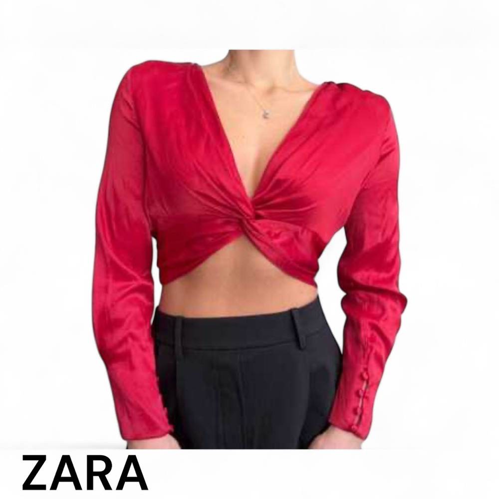 Zara NWT Satin Effect Crop top Scarlet Twist Front Blouse - Picture 2 of 8